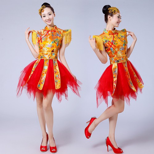 Chinese folk dance costumes dragon red gold royal blue damask drummer yangko fan dancing stage performance photos cosplay dresses